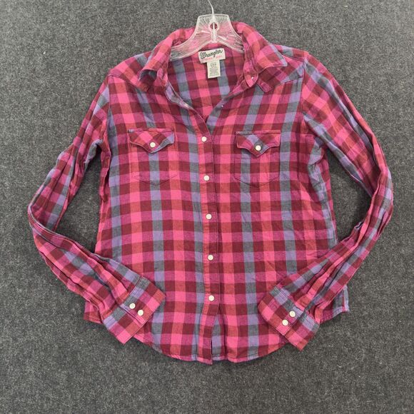Wrangler Shirt Women's Small Pink Purple Plaid Western Pearl Snap Flannel Cowboy - Picture 1 of 6